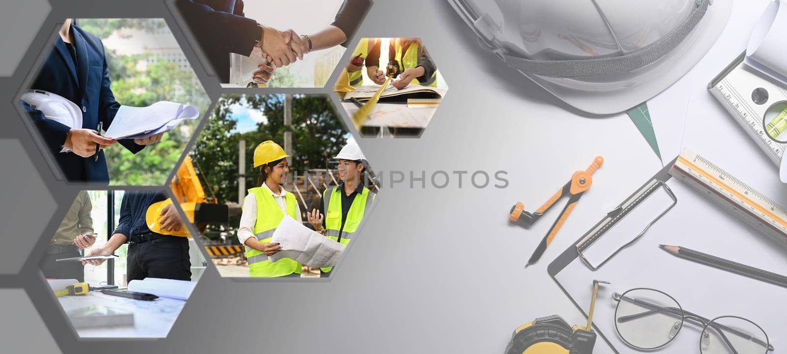 Professional engineer team in work site and engineer desk background, panoramic header banner.