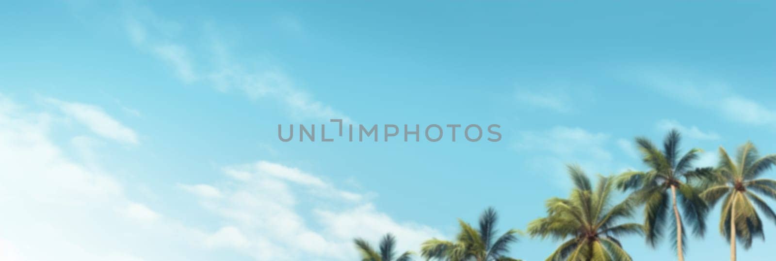 Sunlit palms against a clear blue sky offer a calming tropical backdrop, perfect for summer and vacation themes. Blurred holiday background. Banner with empty, copy space for text. Generative AI