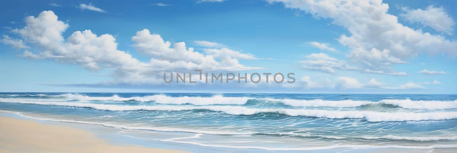 Serene beach scene with soft sandy shore, ocean waves, and a blue sky with fluffy clouds. Vacation mood that speaks of tranquility and relaxation. Peaceful holiday. Relax in the nature. Generative AI. by creativebird