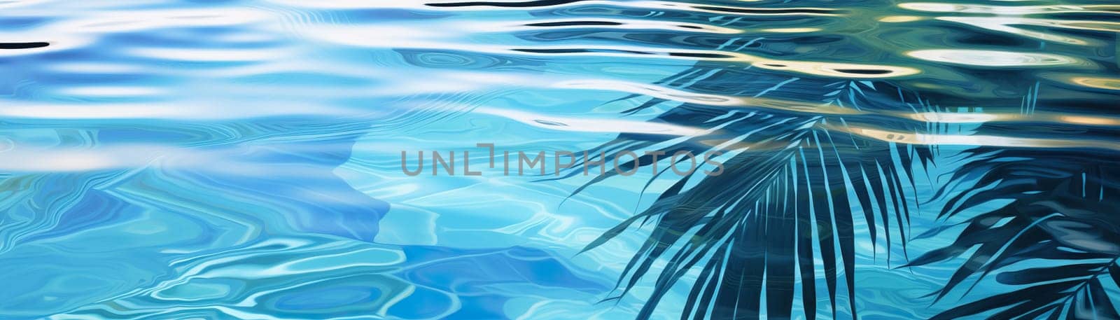Vibrant palm leaf shadows play on the surface of a tranquil, sunlit swimming pool with blue water. Vacation, holiday background. Empty, copy space for text. Generative AI. by creativebird