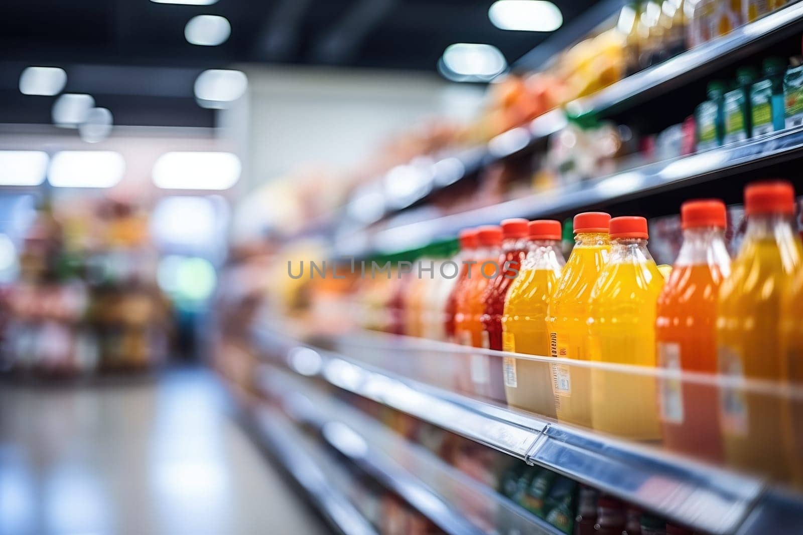 Supermarket with a variety of products, a long corridor, and light bulbs on the ceiling. Generative AI.