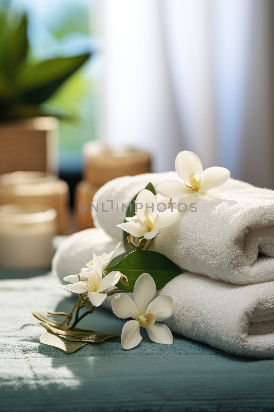 Towels with herbal bags in spa center. Generative AI.