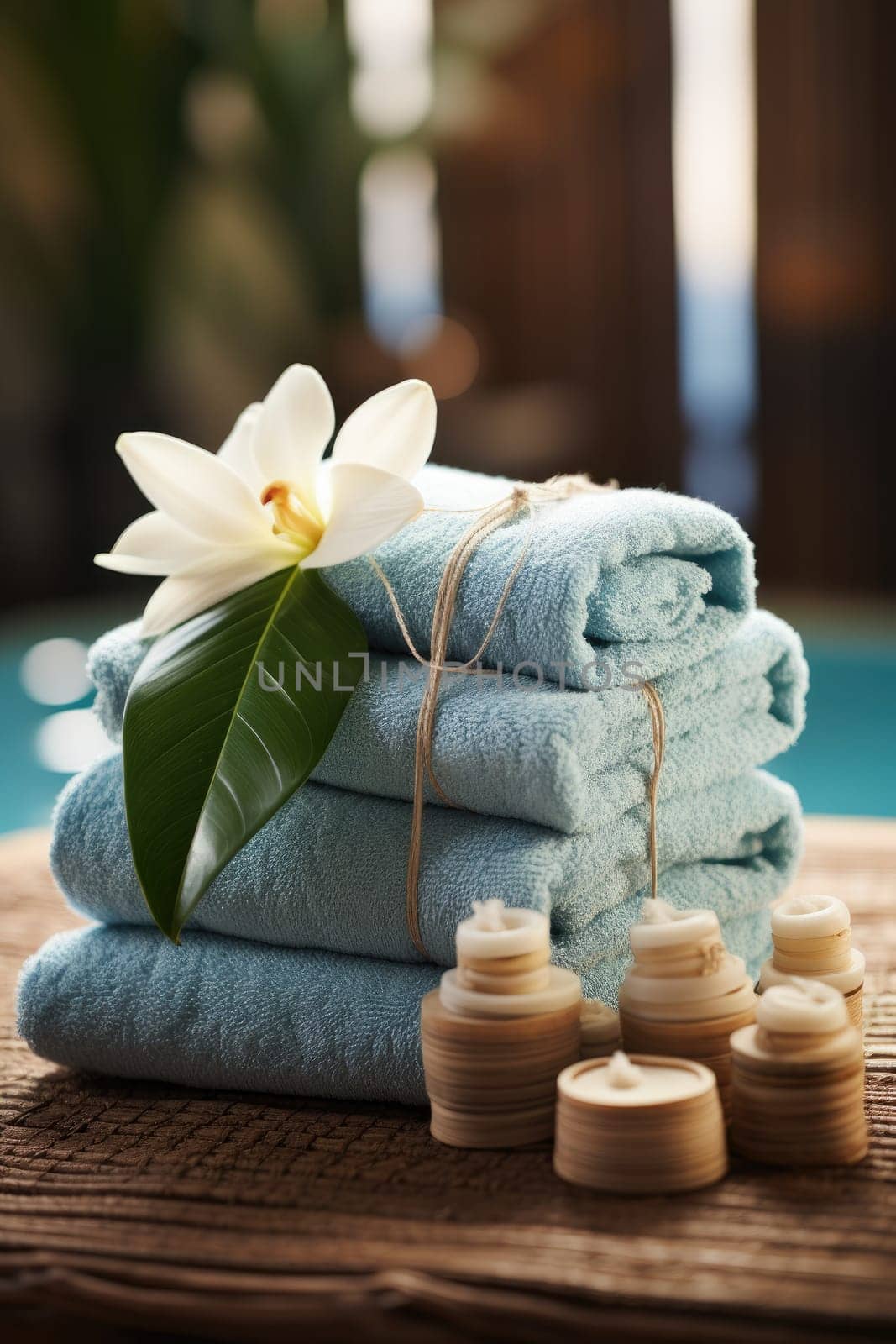 Towels with herbal bags in spa center. Generative AI.