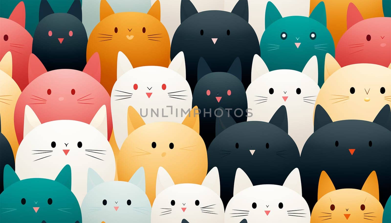 Cute cats Kawaii kittens funny .Seamless pattern of cute colorful cat cartoon.Happy meow.Animals character design.Image for card,poster,baby clothing.Kawaii.Colorful Illustration. In a row