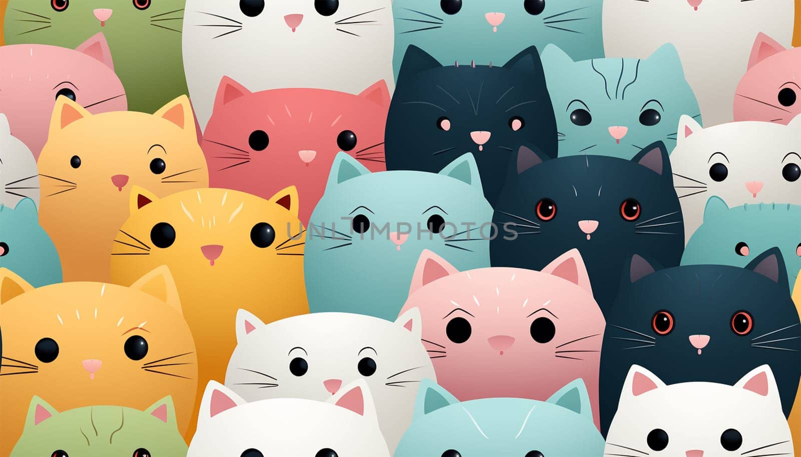 Cute cats Kawaii kittens funny .Seamless pattern of cute colorful cat cartoon.Happy meow.Animals character design.Image for card,poster,baby clothing.Kawaii.Colorful Illustration. In a row