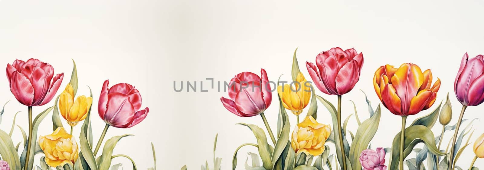 Frame decorated with tulips with copy space. Flower watercolor elements, decorative floral collection for wedding, birthday, Valentine's day card. Pastel colors and hand drawn style. Space for text by Annebel146