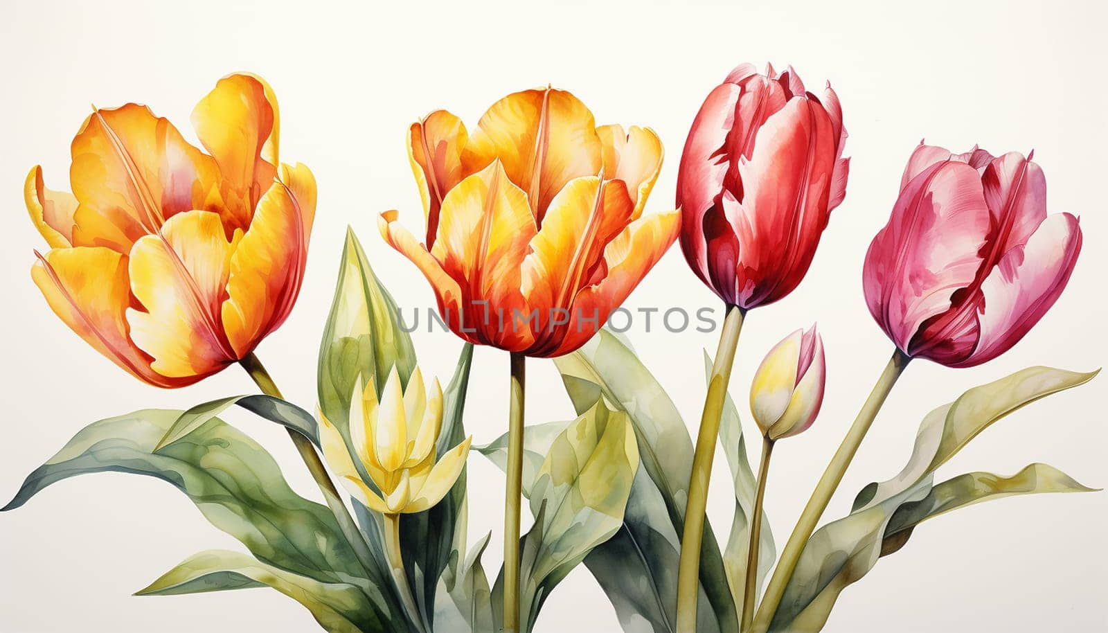 Frame decorated with tulips with copy space. Flower watercolor elements, decorative floral collection for wedding, birthday, Valentine's day card. Pastel colors and hand drawn style. Space for text Spring