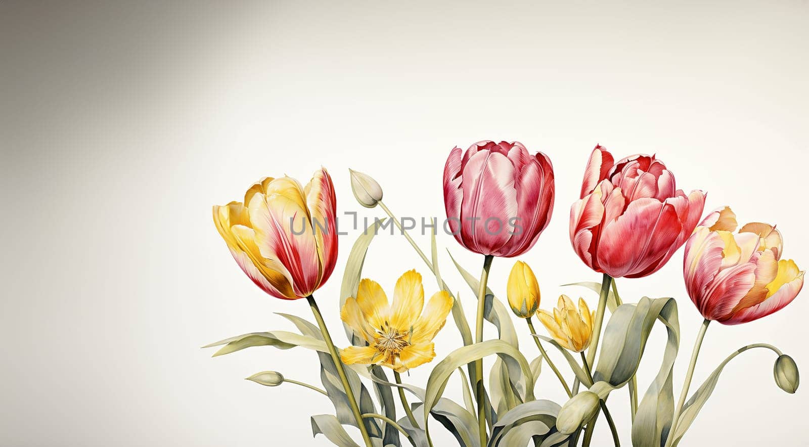 Frame decorated with tulips with copy space. Flower watercolor elements, decorative floral collection for wedding, birthday, Valentine's day card. Pastel colors and hand drawn style. Space for text Spring