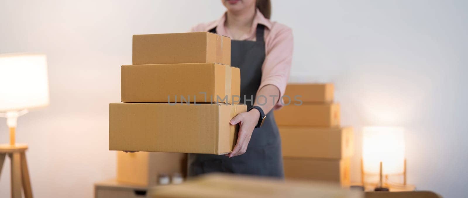Asian woman entrepreneur prepare parcel box and check online order on laptop computer for commercial checking delivery. online marketing, packing box, SME seller. startup business concept by nateemee