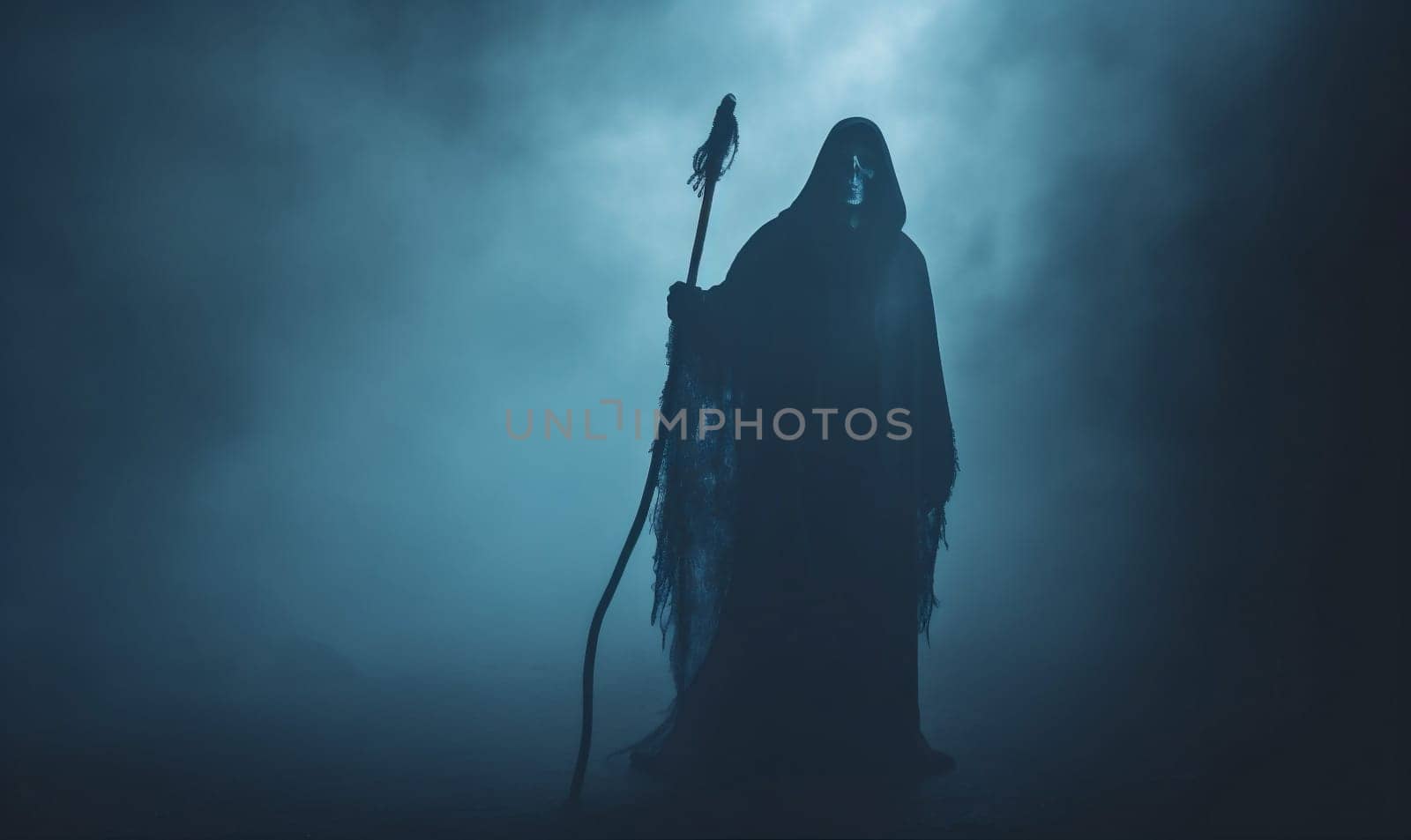 hood night skeleton creepy fear horror evil halloween ghost death. Generative AI. by Vichizh