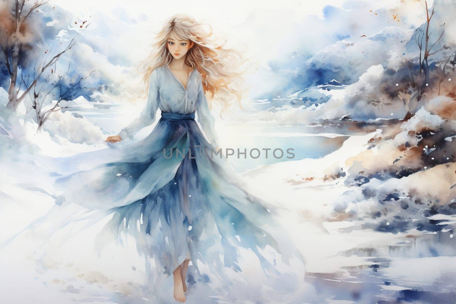 A young woman with blond long hair in a white dress in the middle of a winter landscape. Watercolor drawing. Generated by artificial intelligence by Vovmar