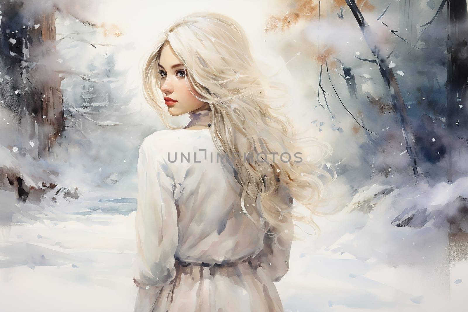 Watercolor portrait of a young woman in a white dress with long white hair. Generated by artificial intelligence by Vovmar