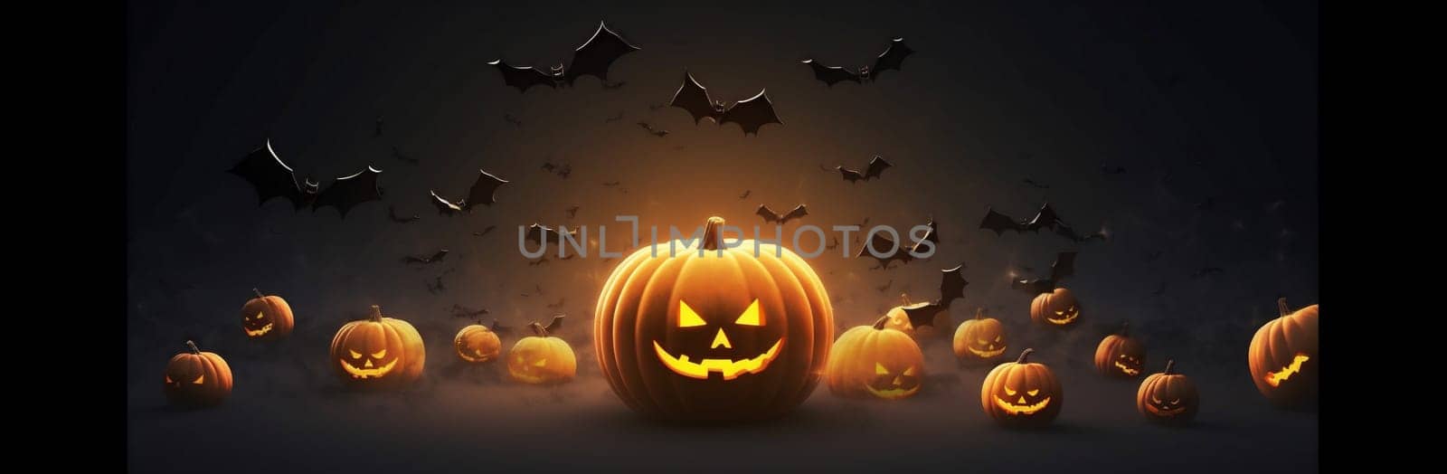 spooky background autumn moon mystery fear celebration table forest horror halloween grave sky poster jack night pumpkin holiday blue black bat. Generative AI.