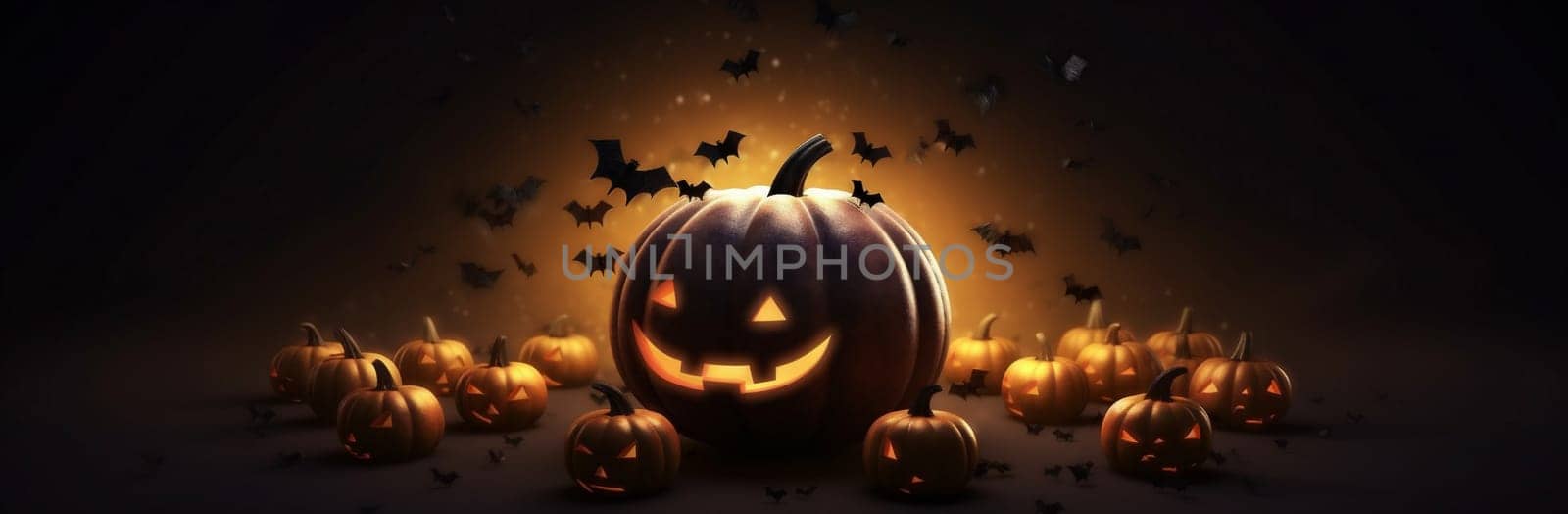 background pumpkin halloween table bat blue mystery dark horror fear night. Generative AI. by Vichizh