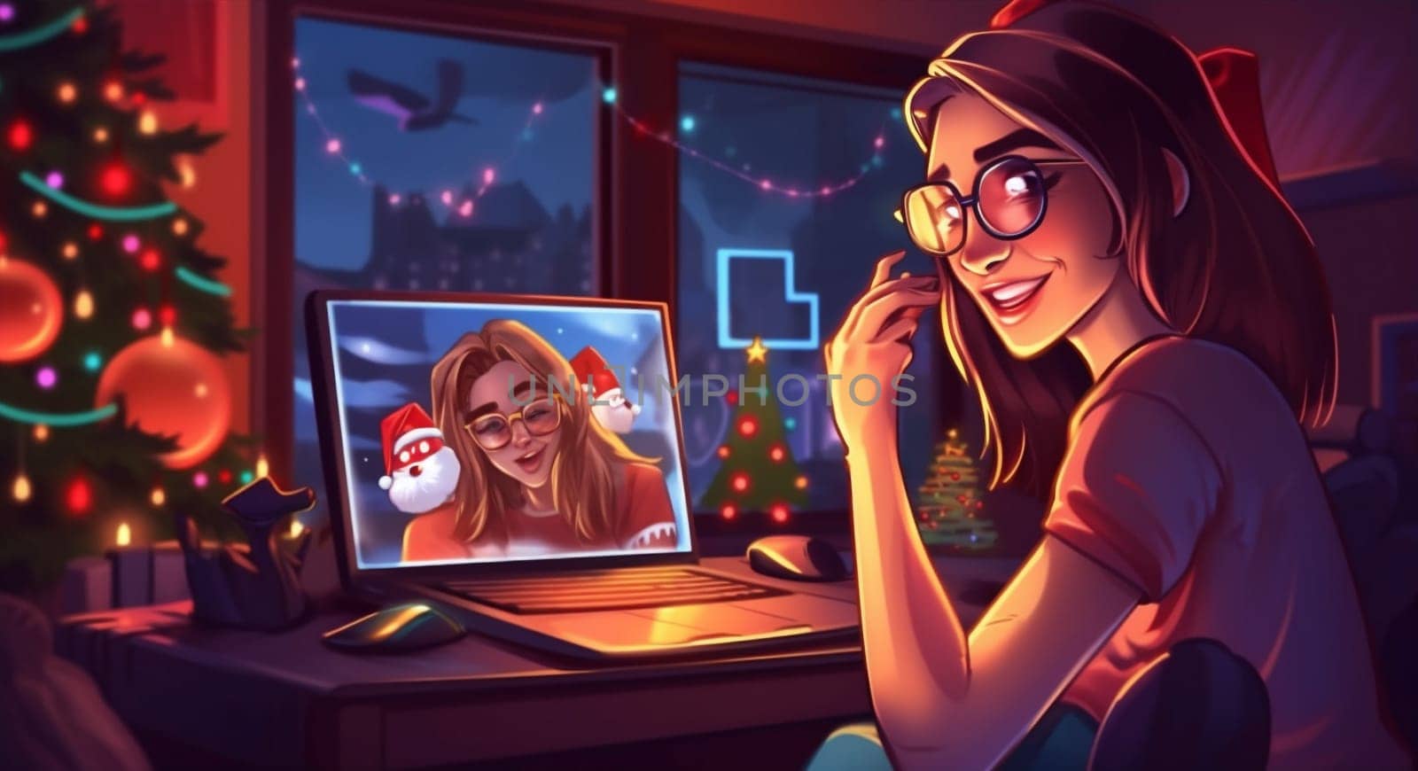 communication holiday happy character santa family laptop christmas home house. Generative AI. by Vichizh
