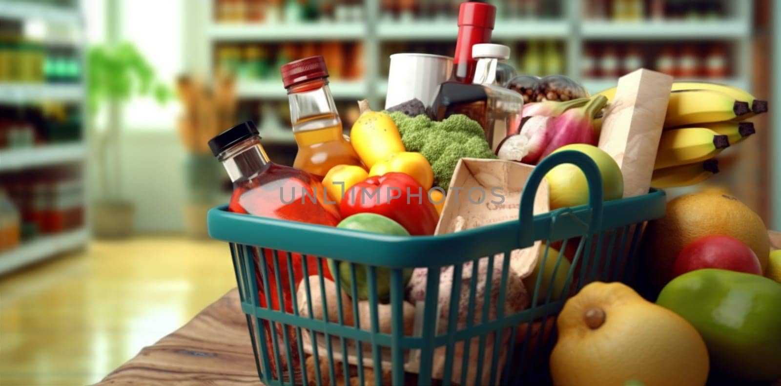 commerce food market good consumption eco shop supermarket background buy grocery cart store shopping retail basket variety e-commerce lifestyle delivery. Generative AI.