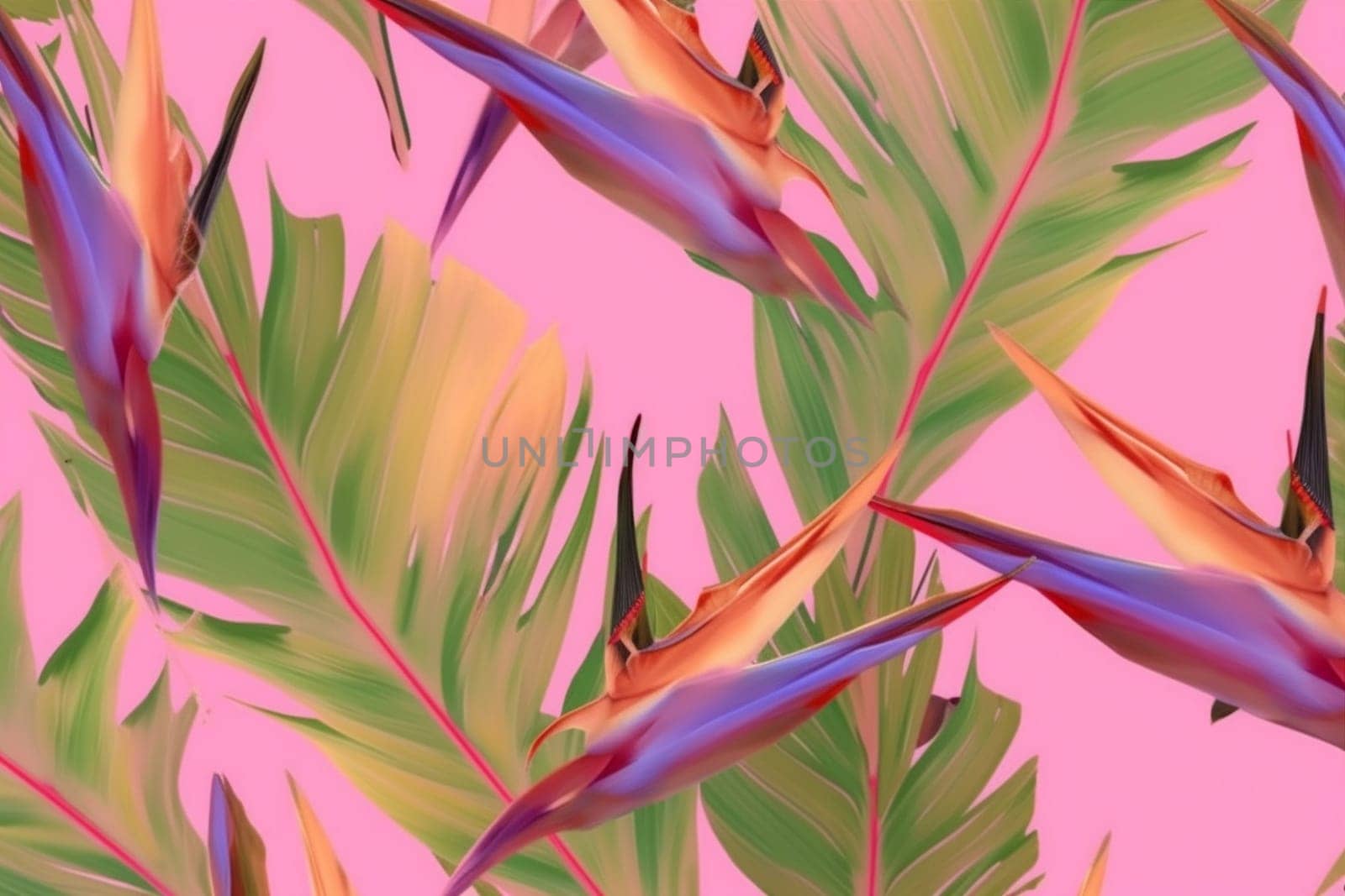 pink print tropical abstract hawaiian decoration green seamless jungle palm orange textile pattern wallpaper spring trendy colorful design leaf flower. Generative AI.