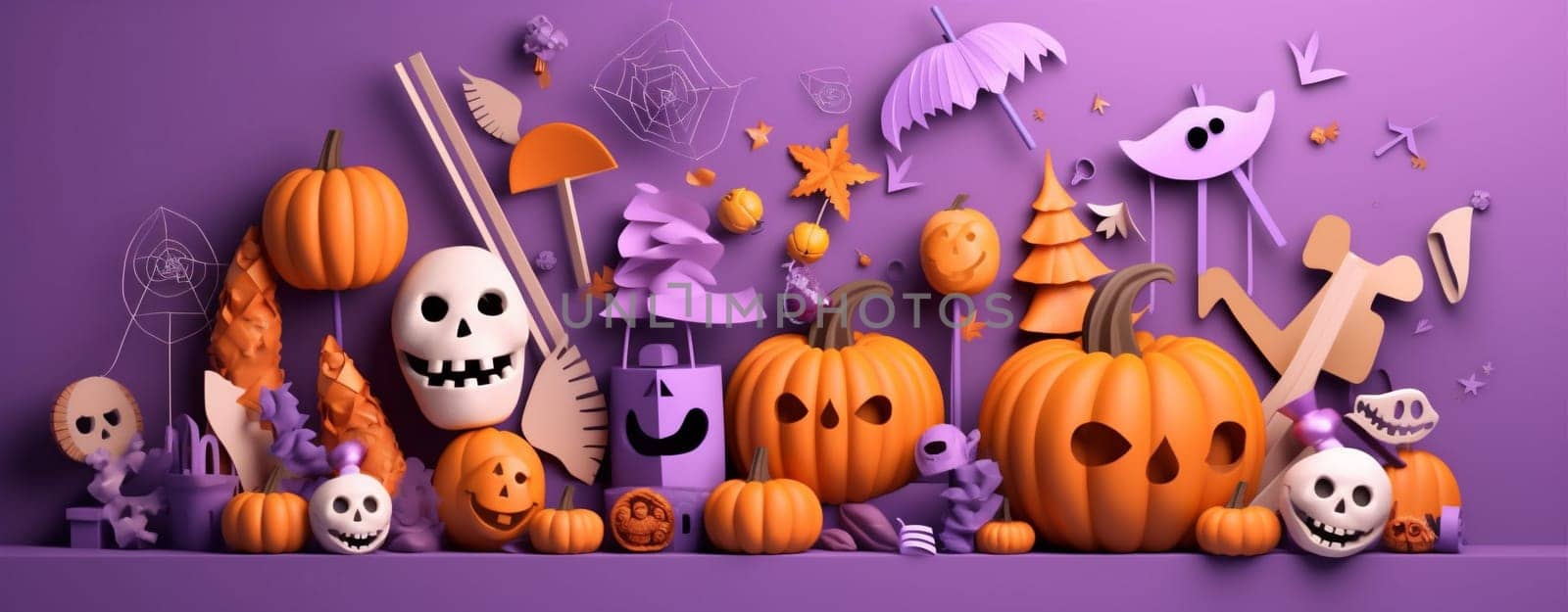 holiday party black celebration purple fun candy party colourful orange halloween decorated table witch halloween snack sweet spider cake bat pumpkin. Generative AI.