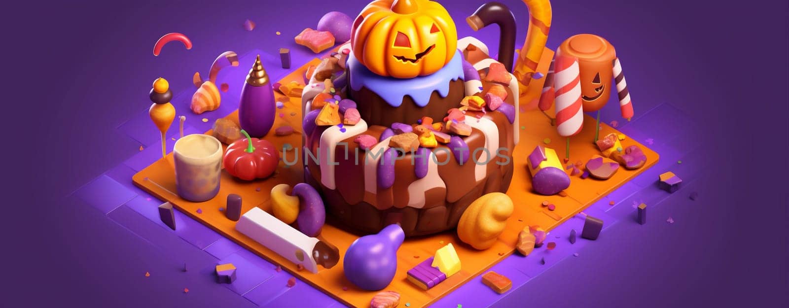 lilac purple sweet cake celebration decoration spider orange creepy decorated icing fun autumn holiday pumpkin candy halloween party halloween background party. Generative AI.