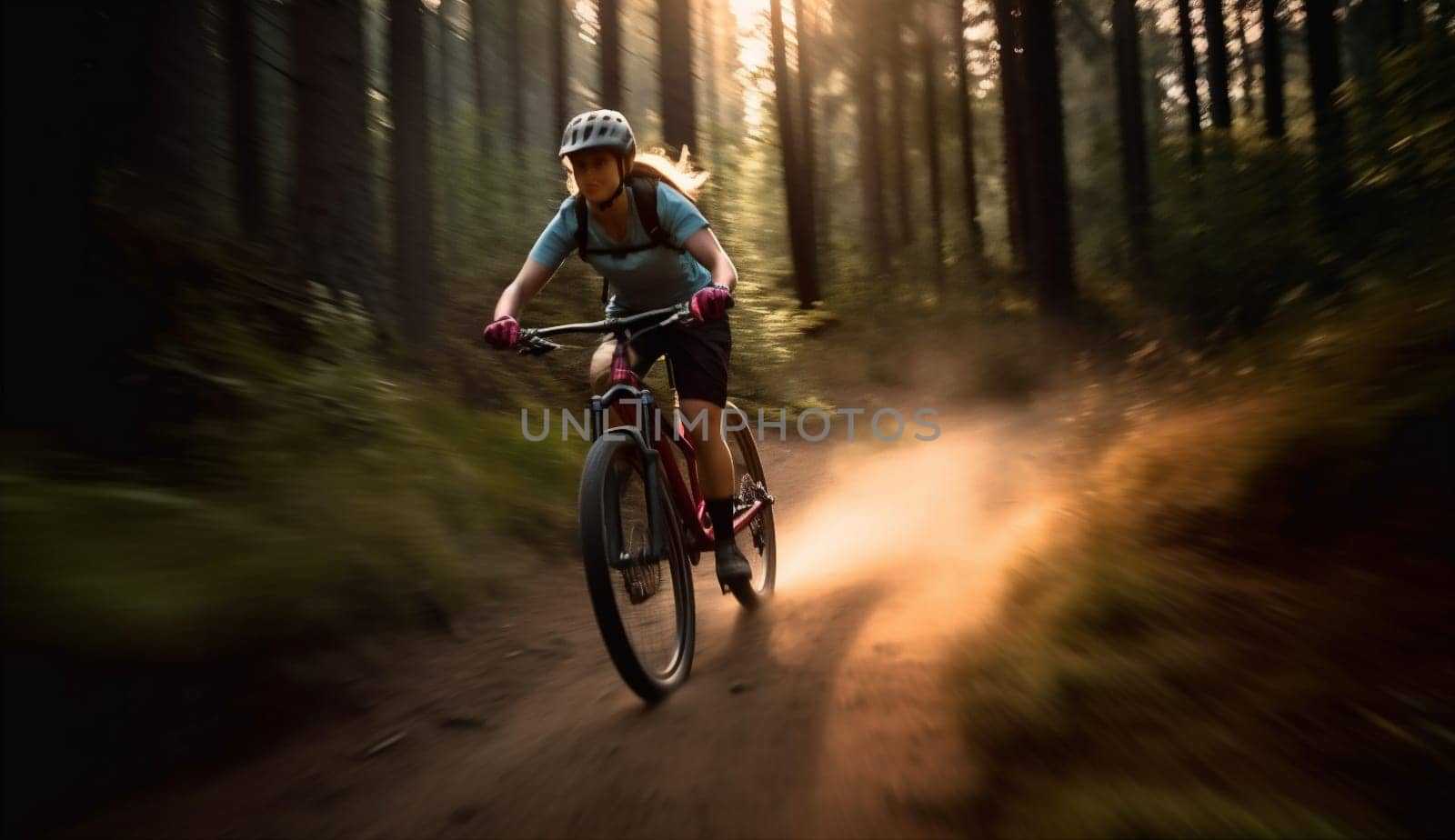 woman biking landscape mountain travel sport biker forest walking cycling summer activity wood nature sunset green healthy dark bike tree bicycle. Generative AI.