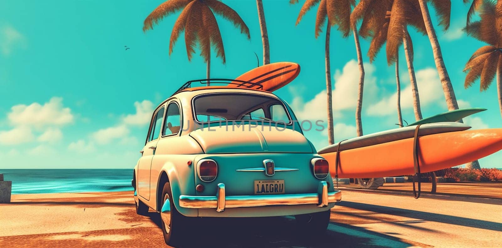 classic background sand road vintage nature beach old suitcase happy trip summer travel car vacation yellow vehicle tropical tourism retro. Generative AI.