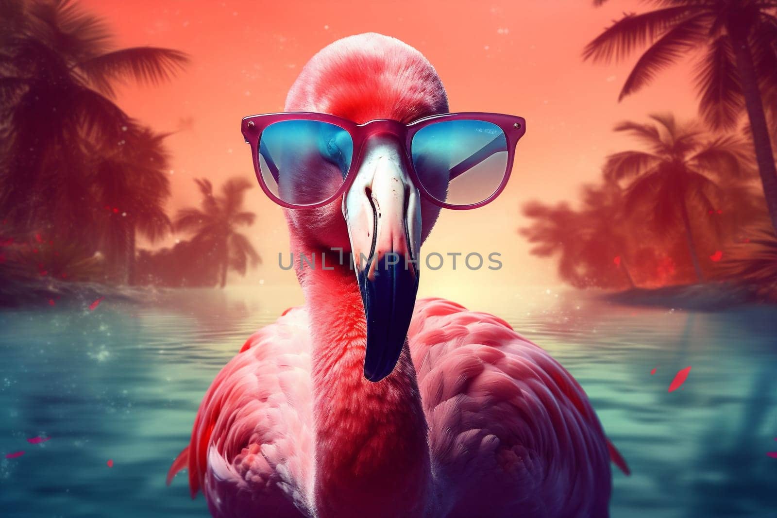 cartoon sun glasses alcohol bird colourful animal wildlife ring feather hipster tropical lifestyle leisure summer party pink exotic flamingo sunglasses. Generative AI.