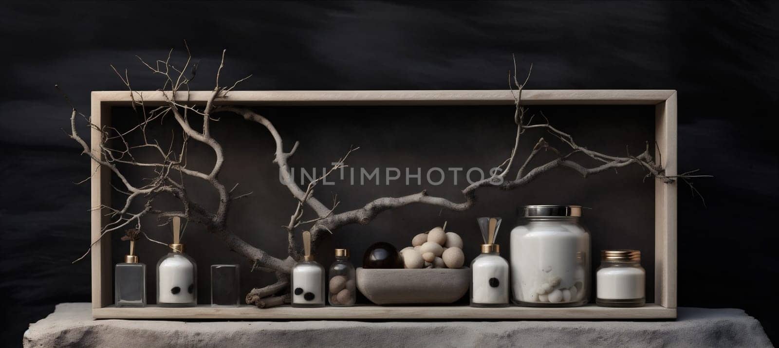 wooden product organic bottle trendy minimalist background tree nature cosmetic tree stone dark display sale exhibition design layout concept branch beauty natural. Generative AI.