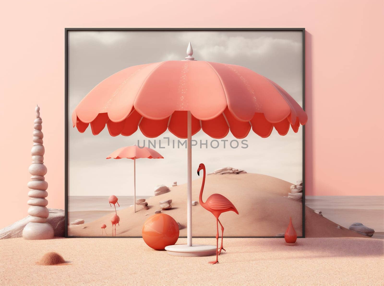 sun ocean beach illustration vacation lifestyle shore sand retro holiday sky goggles umbrella parasol concept summer leisure chair poster pink. Generative AI.