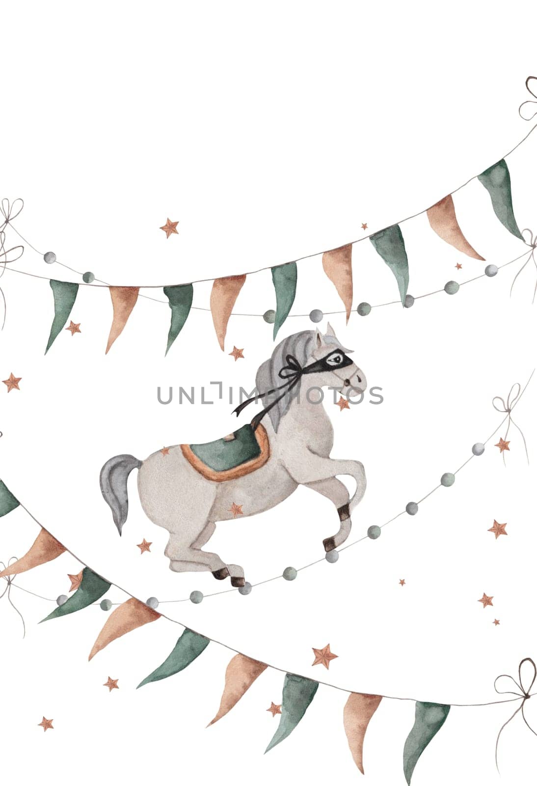 Watercolor drawing of a vintage carousel horse. Elegant retro animal on a white background. For designing cards and invitations for holidays. High quality illustration