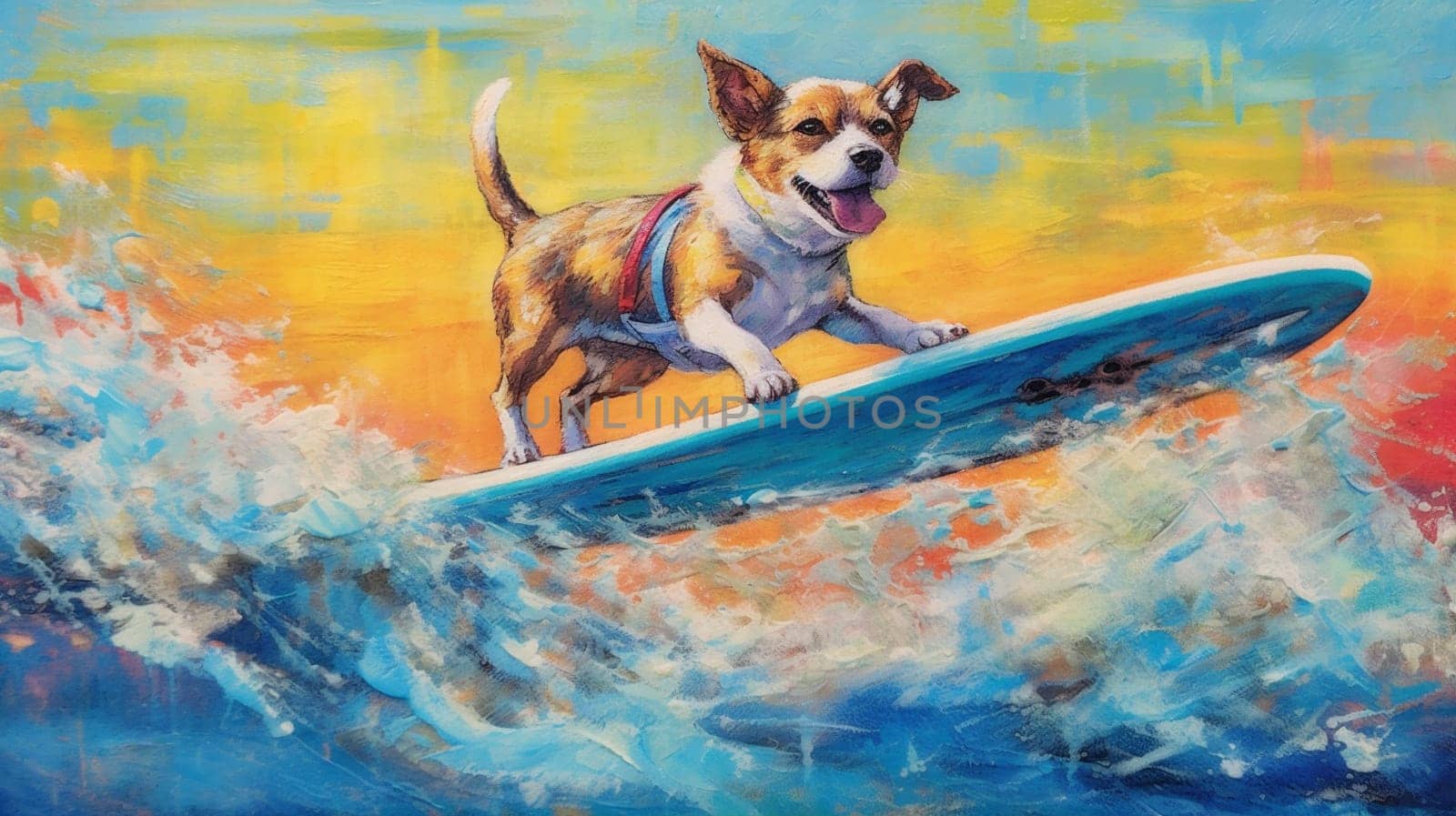 dog vacation hawaiian vintage animal terrier surfer surfing puppy fun wave beach board sea flower summer illustration ocean power funny. Generative AI.