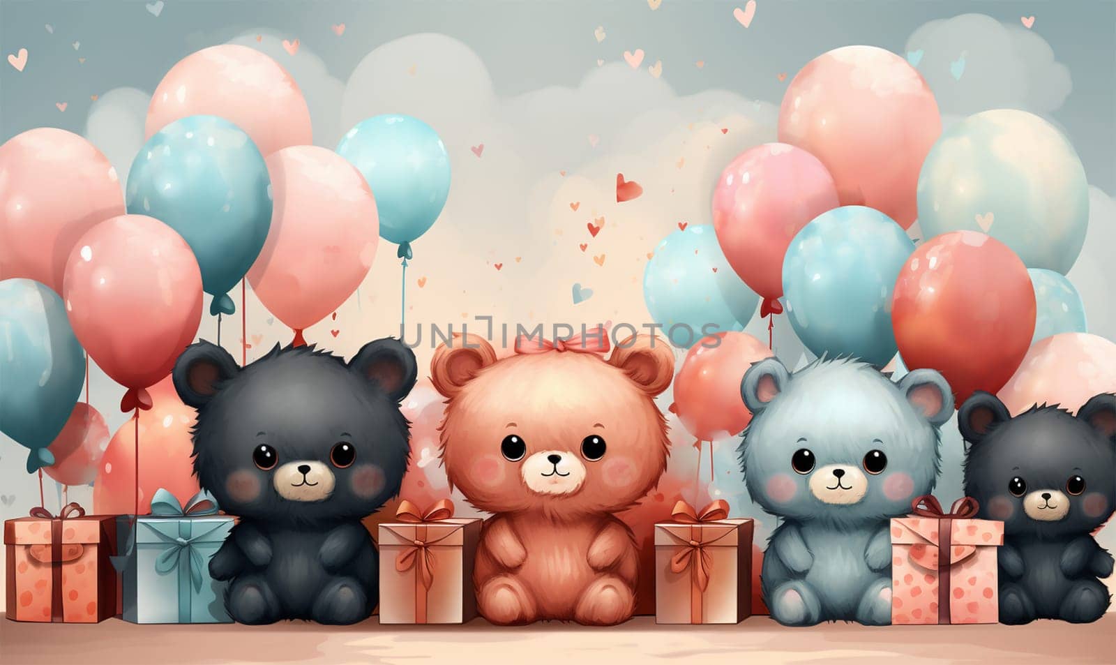 Cute birthday card. Happy birthday greeting card and party invitation. Colored illustration. Balloons,present,gift box and confetti. Adorable design for children Copy space