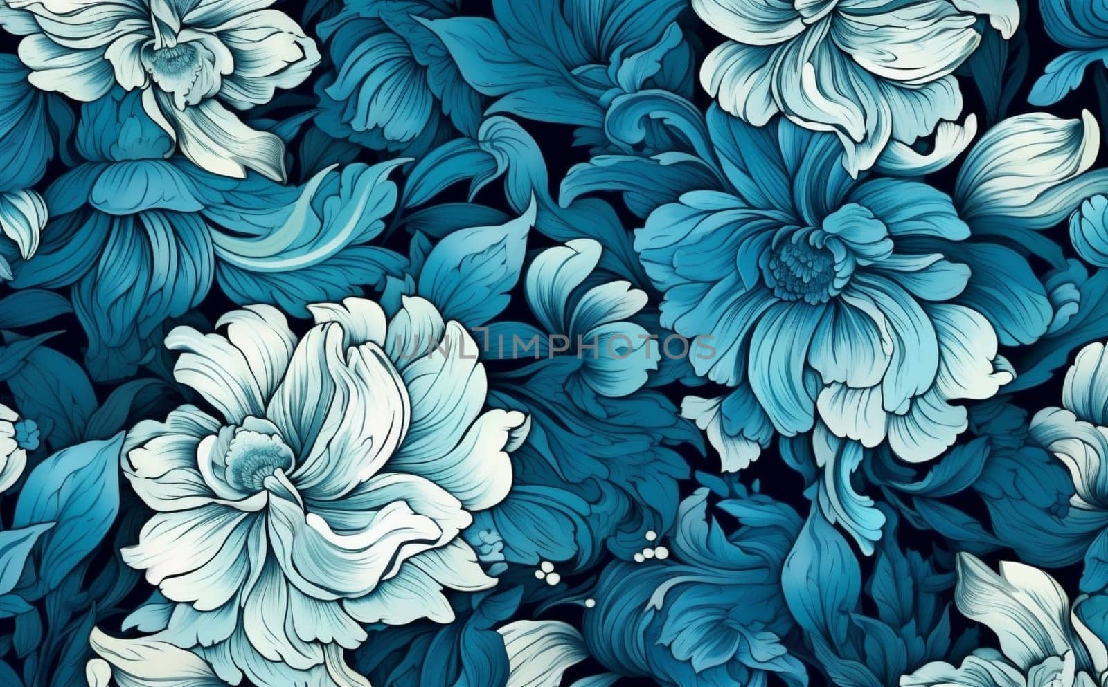 seamless natural floral beautiful texture elegant art flower botanical decoration drawing white design leaf pattern illustration blue vintage outline blossom background. Generative AI.