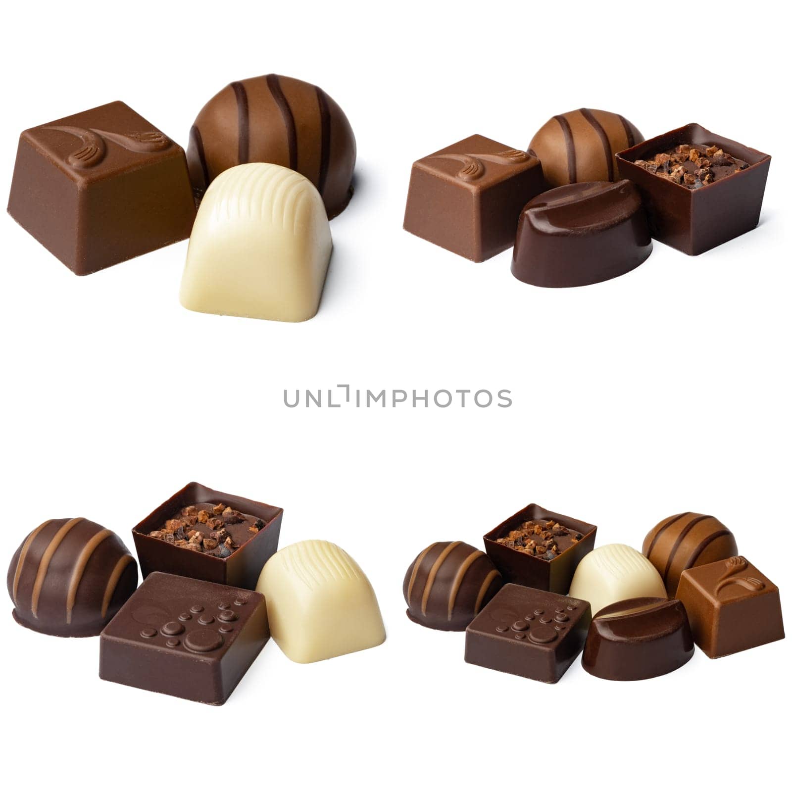 Chocolate candies collection collage isolated on white. by Fabrikasimf
