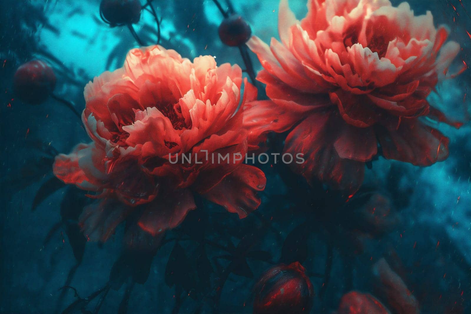 decoration leaf bloom peony blossom shimmer design neon bright flora vintage horizontal purple colours spring flower nature beautiful trend glow. Generative AI.