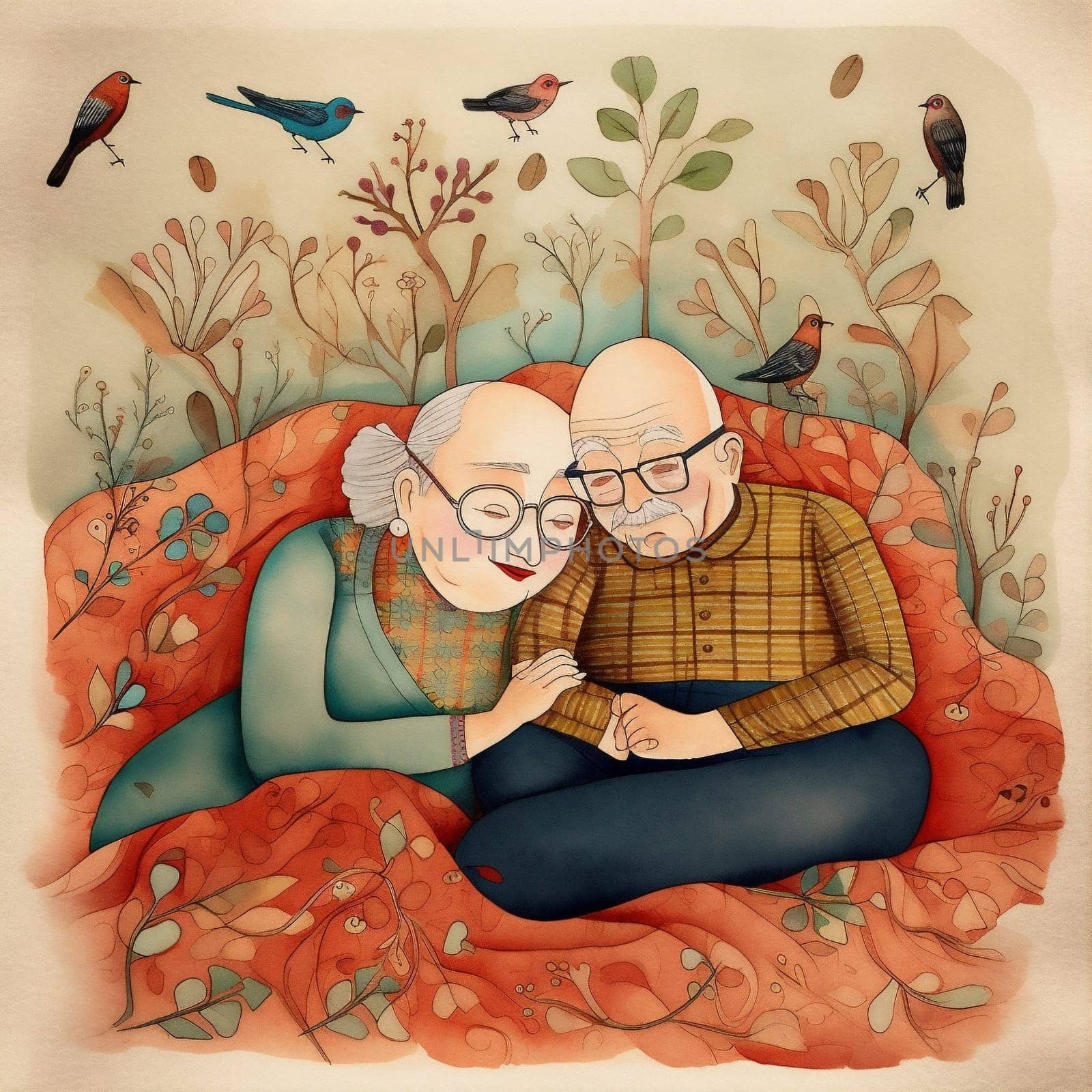 woman man together love adult happy retired home asleep bed old couple. Generative AI. by Vichizh