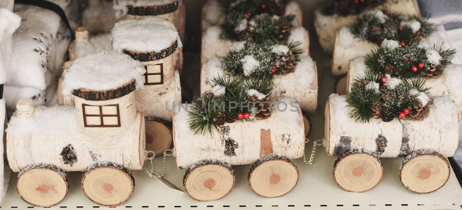 Children's wooden birch train for Christmas