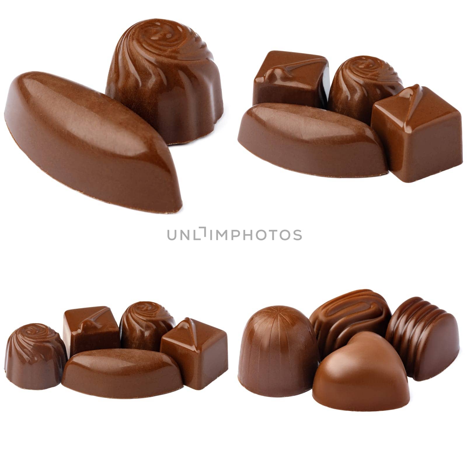 Chocolate candies collection collage isolated on white background