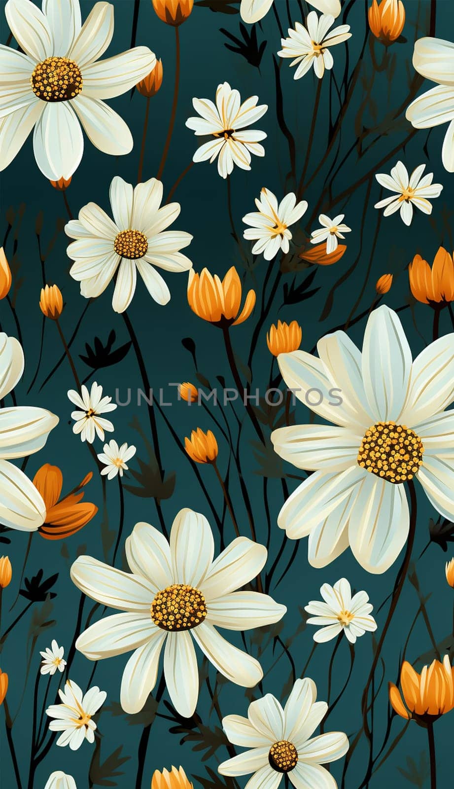 Daisy background. Trendy Hand drawn Wild Meadow florals , Flower bouquet illustration Seamless Pattern Design, Design for fashion , fabric, textile, wallpaper, cover, web , wrapping and all prints by Annebel146
