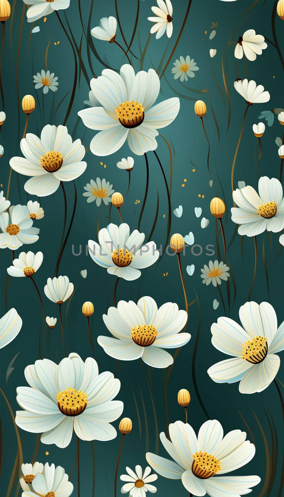 Daisy background. Trendy Hand drawn Wild Meadow florals , Flower bouquet illustration Seamless Pattern Design, Design for fashion , fabric, textile, wallpaper, cover, web , wrapping and all prints Cute