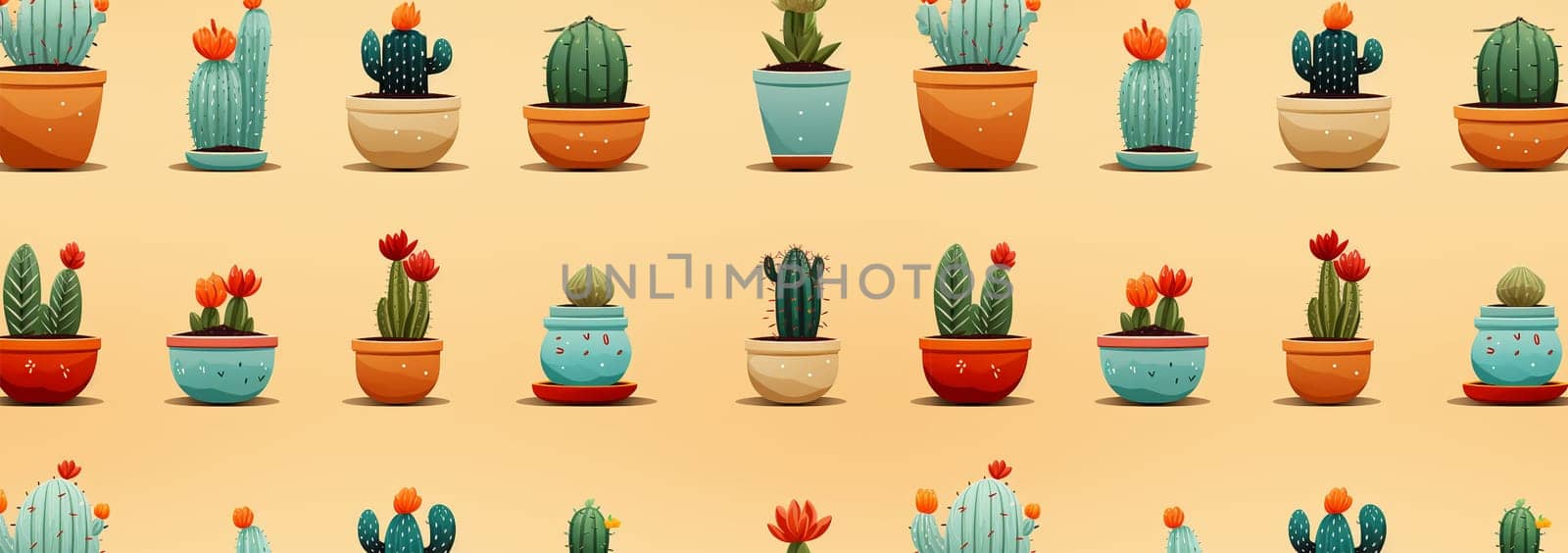 Pattern various type of cute cactus plants. Various cactus collection. Vintage silhouette style illustration.Colorful backgound