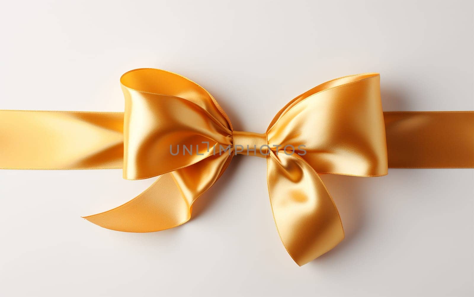 Shiny color satin ribbon on white background. Christmas gift, valentines day, birthday wrapping element. Decorative golden bow with long ribbon isolated Festive