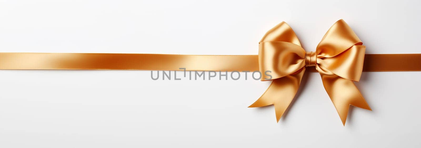 Shiny color satin ribbon on white background. Christmas gift, valentines day, birthday wrapping element. Decorative golden bow with long ribbon isolated Festive