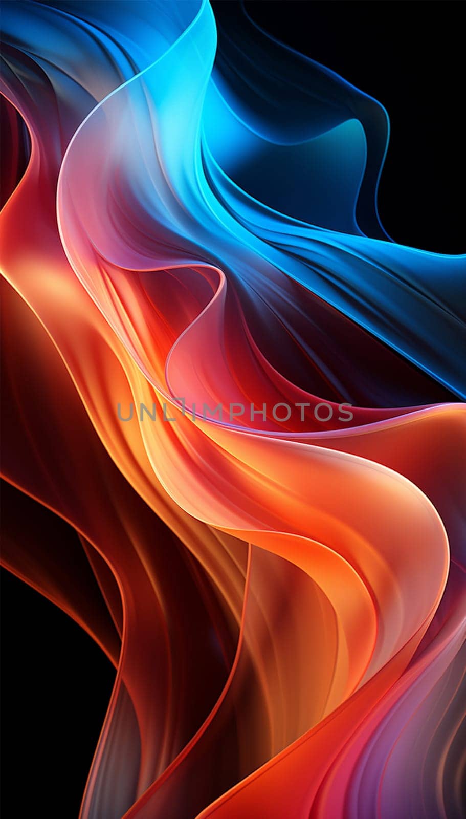 Abstract 3d render. Multicolored waves. Holographic shape in motion. Iridescent gradient digital art for banner background, wallpaper. Transparent glossy design element flying in seascape. Black background Various neon colors by Annebel146