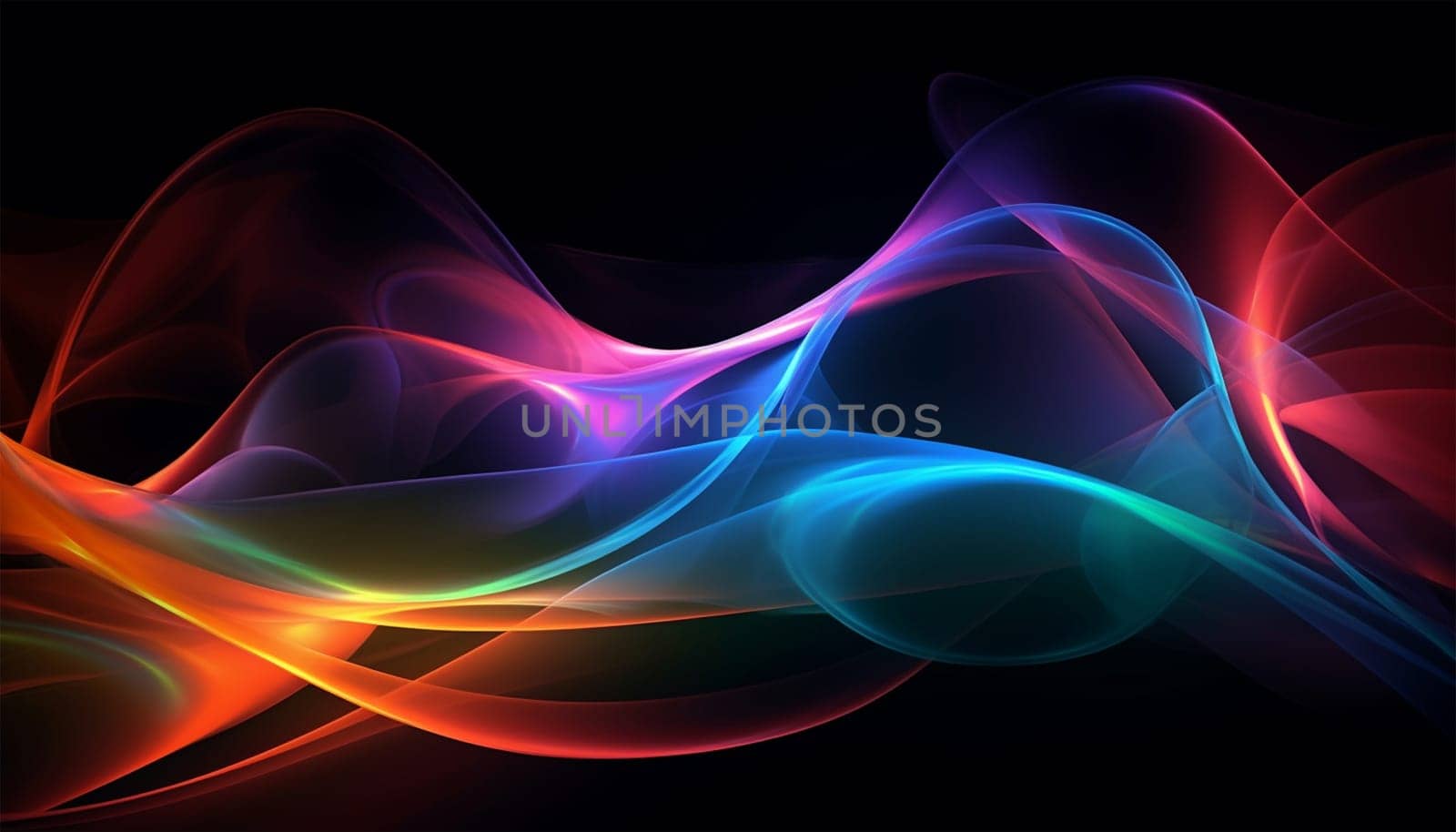 Abstract 3d render. Multicolored waves. Holographic shape in motion. Iridescent gradient digital art for banner background, wallpaper. Transparent glossy design element flying in seascape. Black background Various neon colors modern