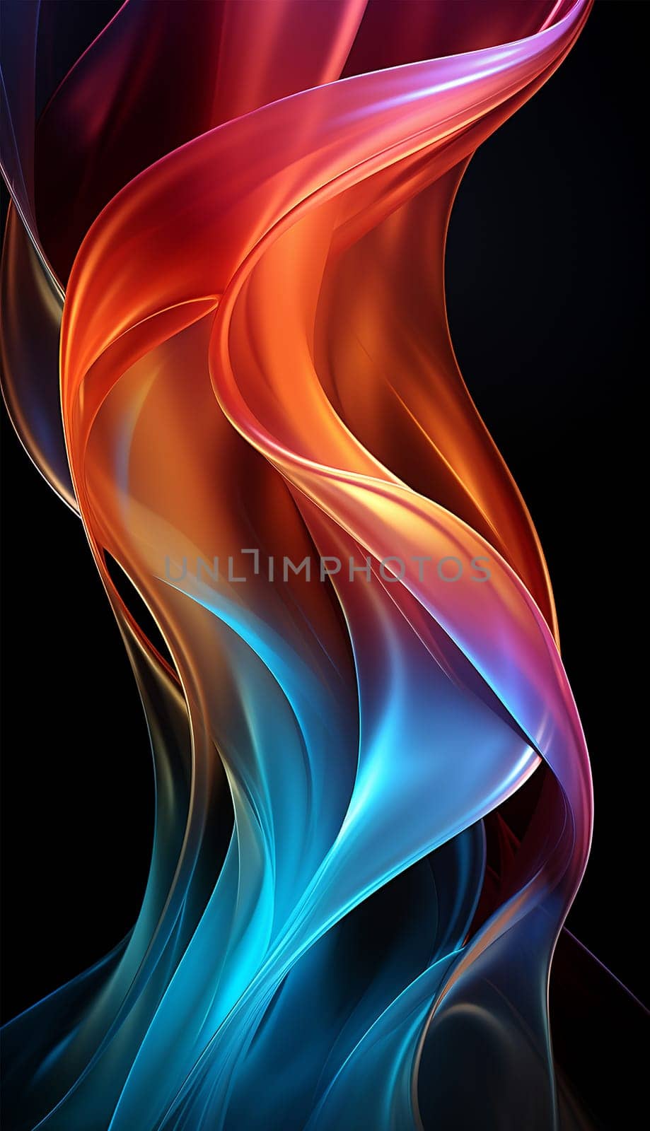 Abstract 3d render. Multicolored waves. Holographic shape in motion. Iridescent gradient digital art for banner background, wallpaper. Transparent glossy design element flying in seascape. Black background Various neon colors by Annebel146