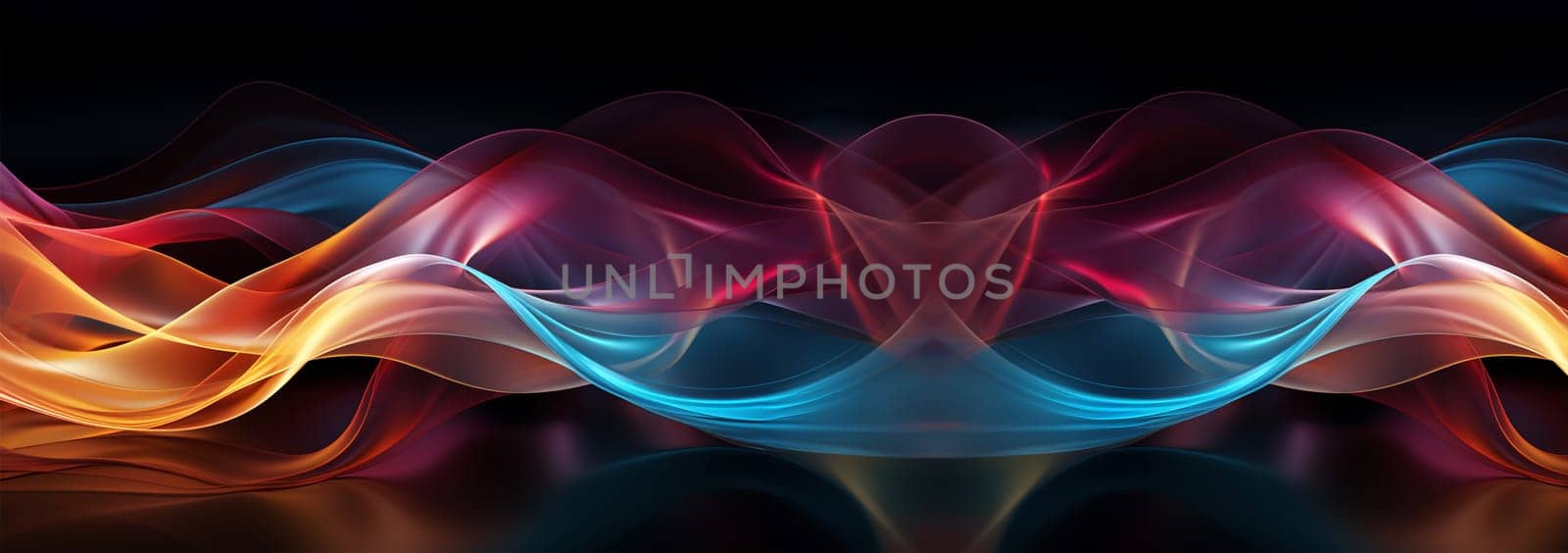 Banner Abstract 3d render. Multicolored waves. Holographic shape in motion. Iridescent gradient digital art for banner background, wallpaper. Transparent glossy design element flying in seascape. Black background Various neon colors by Annebel146