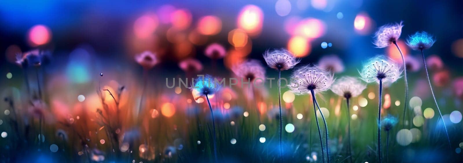 Banner Wild flower field in the night magical lights. Summer meadow. Fantastical fantasy background of magical purple dark night sky with shining bokeh lights copy space by Annebel146