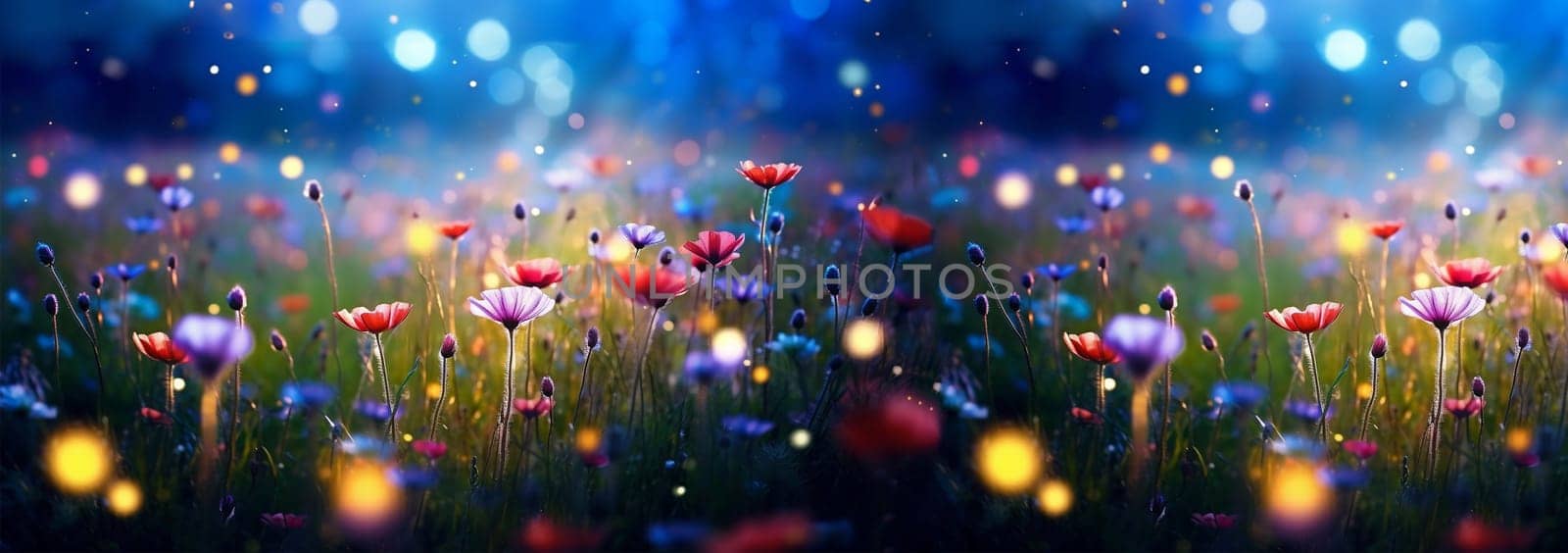 Banner Wild flower field in the night magical lights. Summer meadow. Fantastical fantasy background of magical purple dark night sky with shining bokeh lights copy space by Annebel146