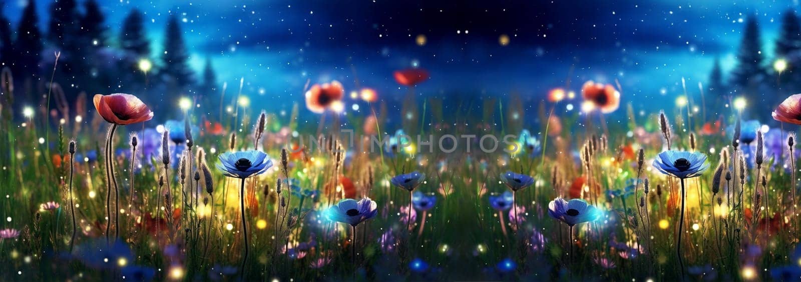 Wild flower field in the night magical lights. Summer meadow. Fantastical fantasy background of magical purple dark night sky with shining bokeh lights copy space Space for text web banner