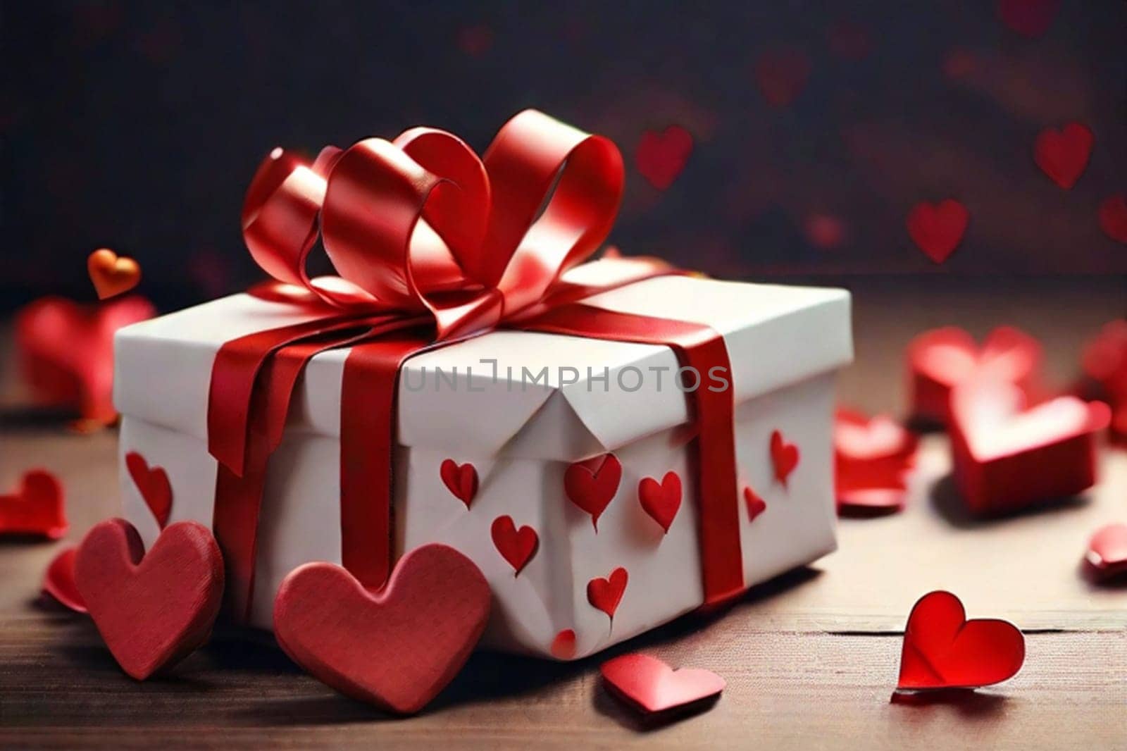 Gift or gift box, paper red heart and confetti on the table on a dark background. Postcard for Valentine's Day